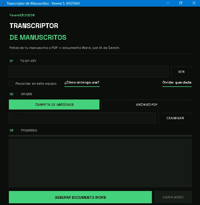 Interfaz del Transcriptor de Manuscritos: campo de API Key, selección de carpeta de imágenes o PDF, barra de progreso y consola con el avance página por página