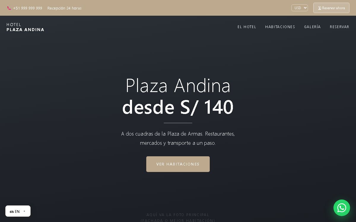 Plantilla web para hoteles con portada a pantalla completa y reservas directas