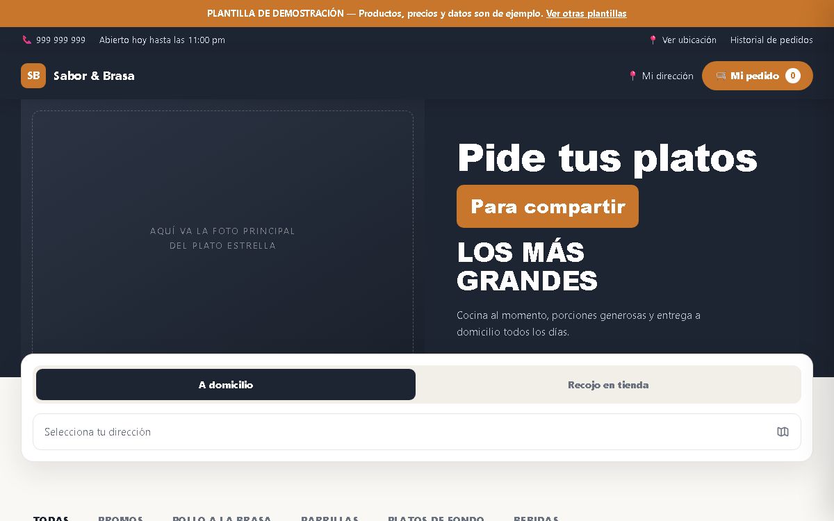 Plantilla de carta digital para restaurantes con carrito y pedidos por WhatsApp