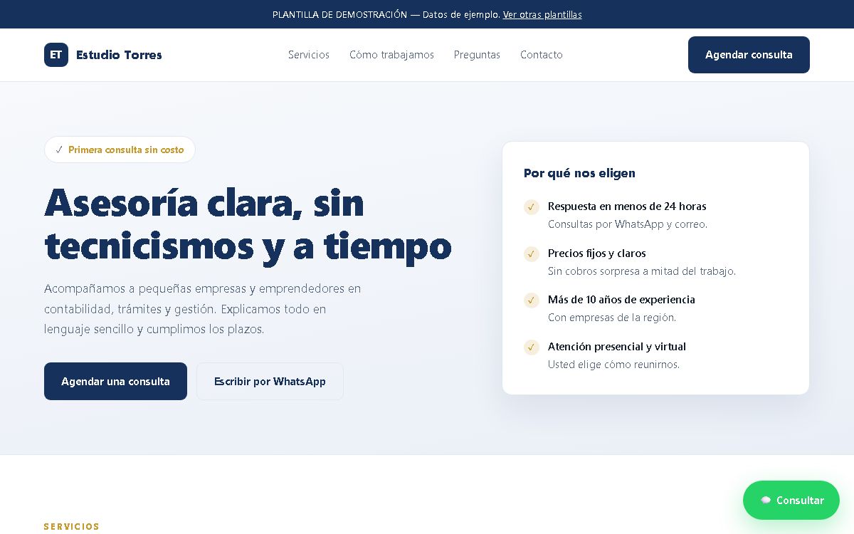 Plantilla web para servicios profesionales, consultoría y estudios contables
